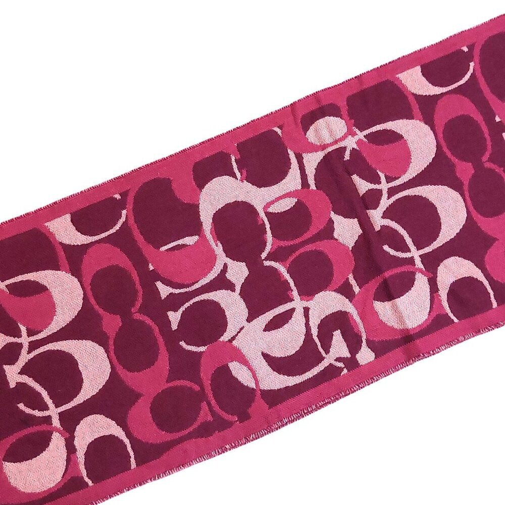 COACH Pink Multi-Color Monogram C Logo Merino Wool Pre-owned Fringed Scarf - Picture 5 of 16